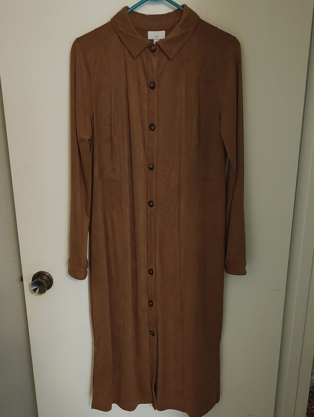 J. Jill Suede Long-Sleeve Button-Front Shirt Dress in Warm Brown, M